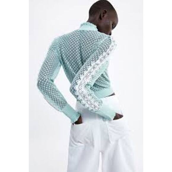 ZARA Aqua Crochet Knit White Lace Stripe Ruffle Neck Crop Sweater S - Picture 2 of 16